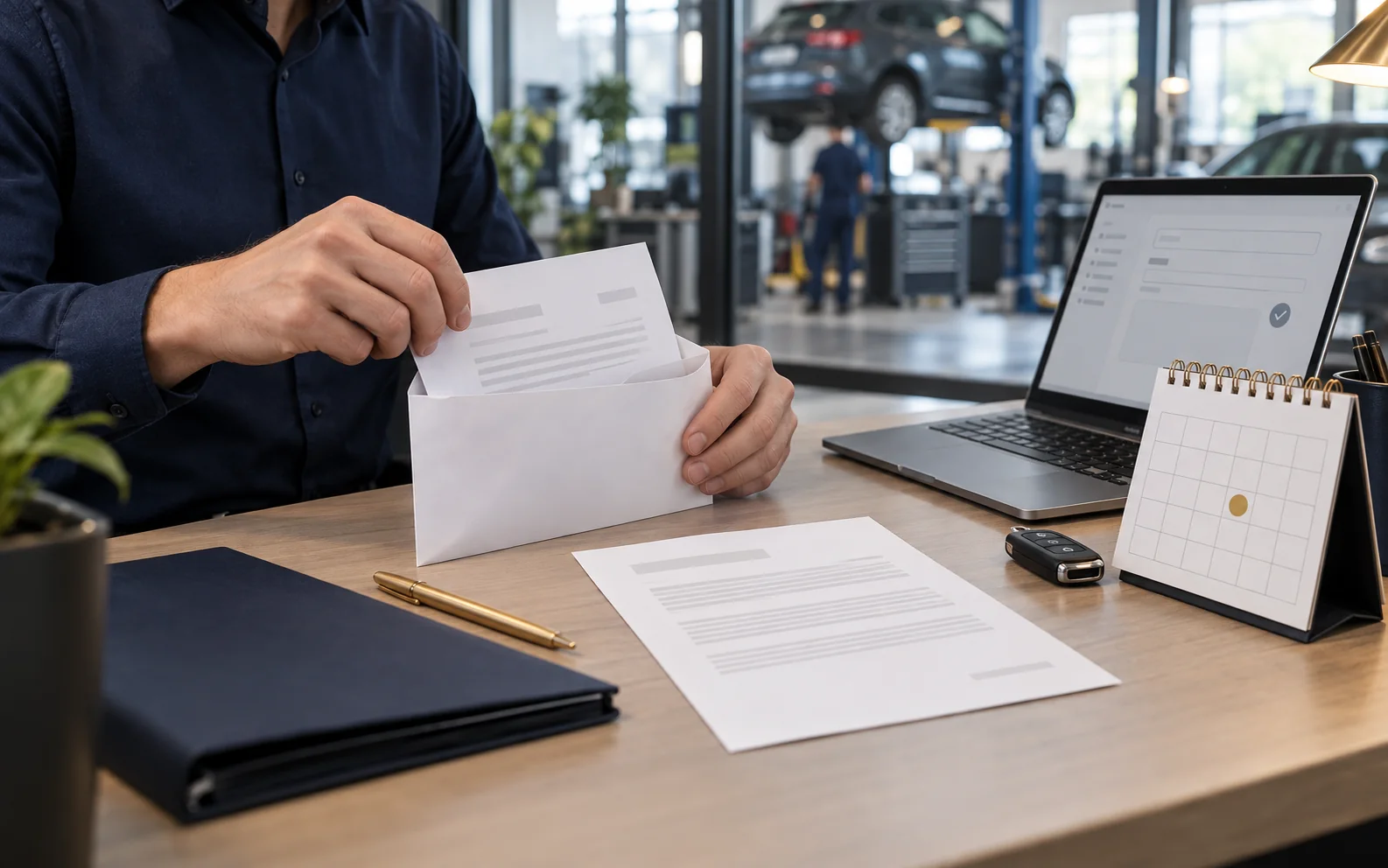 Medewerker van een autobedrijf stopt een betalingsherinnering in een envelop, naast een bureaukalender met een gemarkeerde dag.