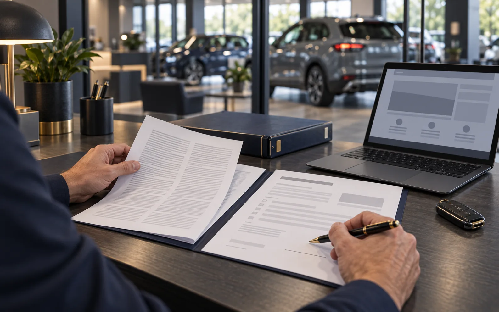 Medewerker van een autobedrijf slaat de pagina met algemene voorwaarden van een koopovereenkomst om, met een pen in de hand; op de achtergrond de showroom.