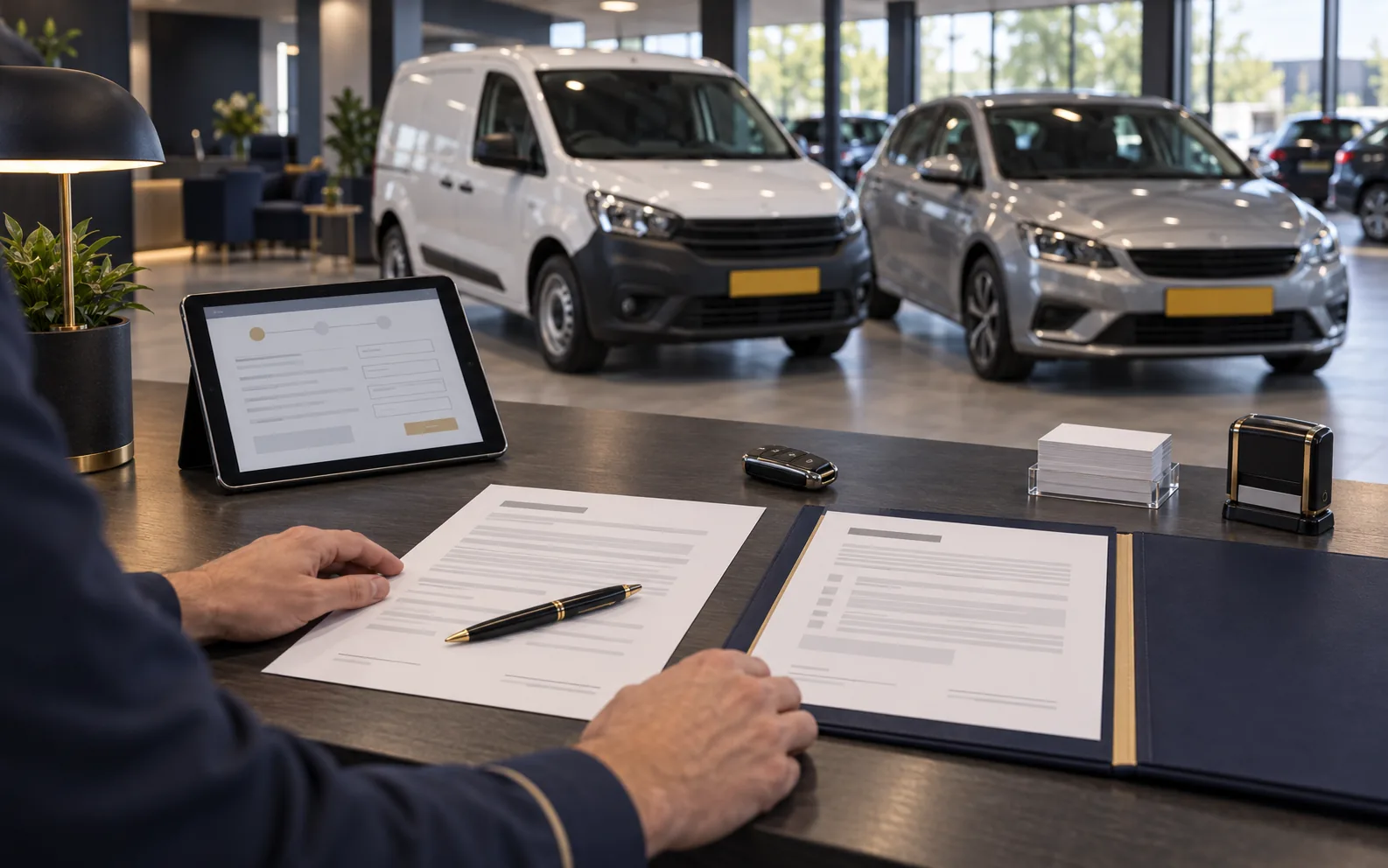 Verkoper legt twee koopovereenkomsten naast elkaar op de verkoopbalie van een autobedrijf; op de achtergrond een bestelbus en een personenauto in de showroom.
