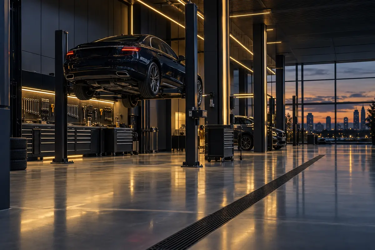 Moderne autowerkplaats met een auto op de brug en opgeruimd gereedschap