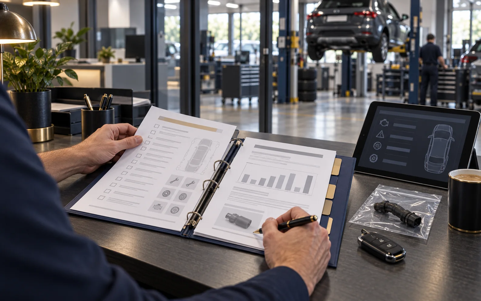 Medewerker van een autobedrijf werkt een klachtdossier bij in een map met werkorders en een technisch rapport, naast een tablet en een vervangen onderdeel in een zakje.