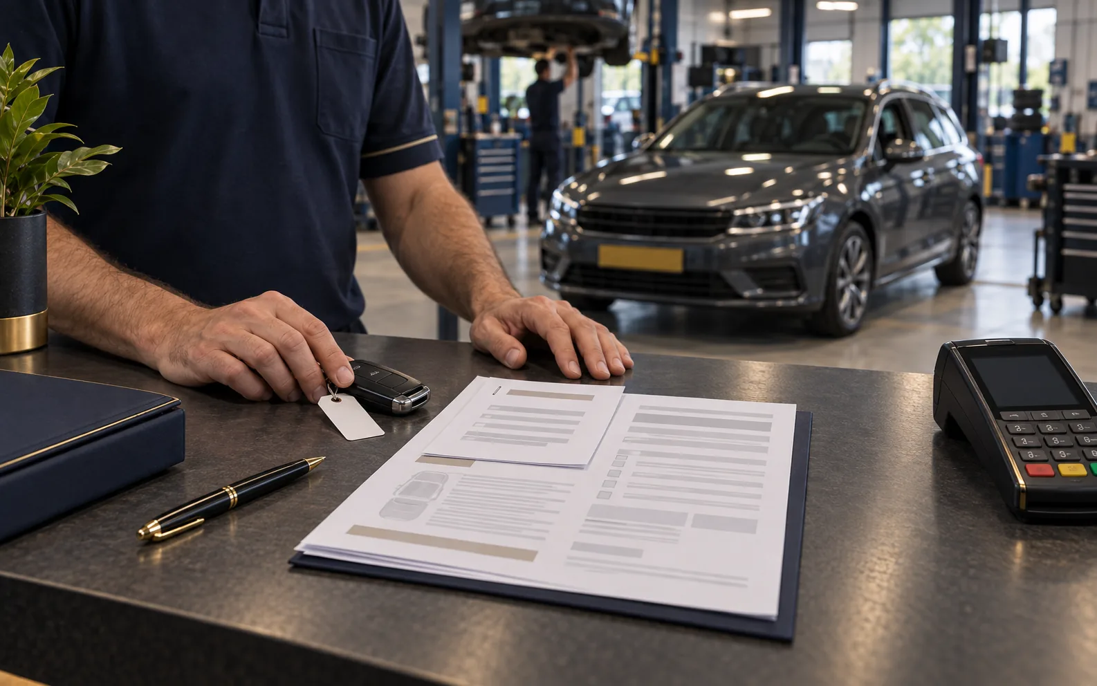 Servicemedewerker van een autobedrijf houdt een autosleutel onder zijn hand naast een reparatiefactuur op de balie; op de achtergrond staat de gerepareerde auto klaar in de werkplaats.