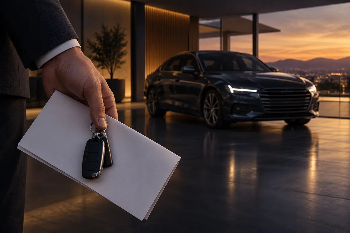 Gebruikte auto in een moderne showroom, met autosleutels en een koopovereenkomst in de hand