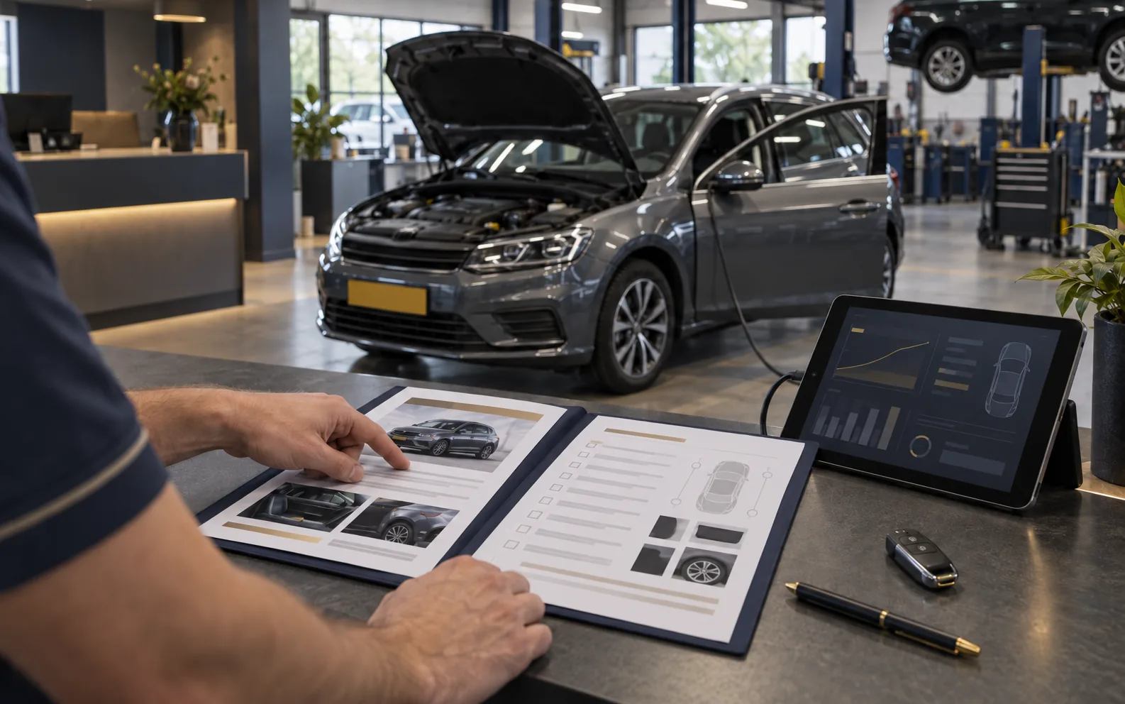 Servicemedewerker van een autobedrijf wijst op een checklist in een dossiermap naast een tablet met diagnosegegevens; op de achtergrond een auto met open motorkap in de werkplaats.
