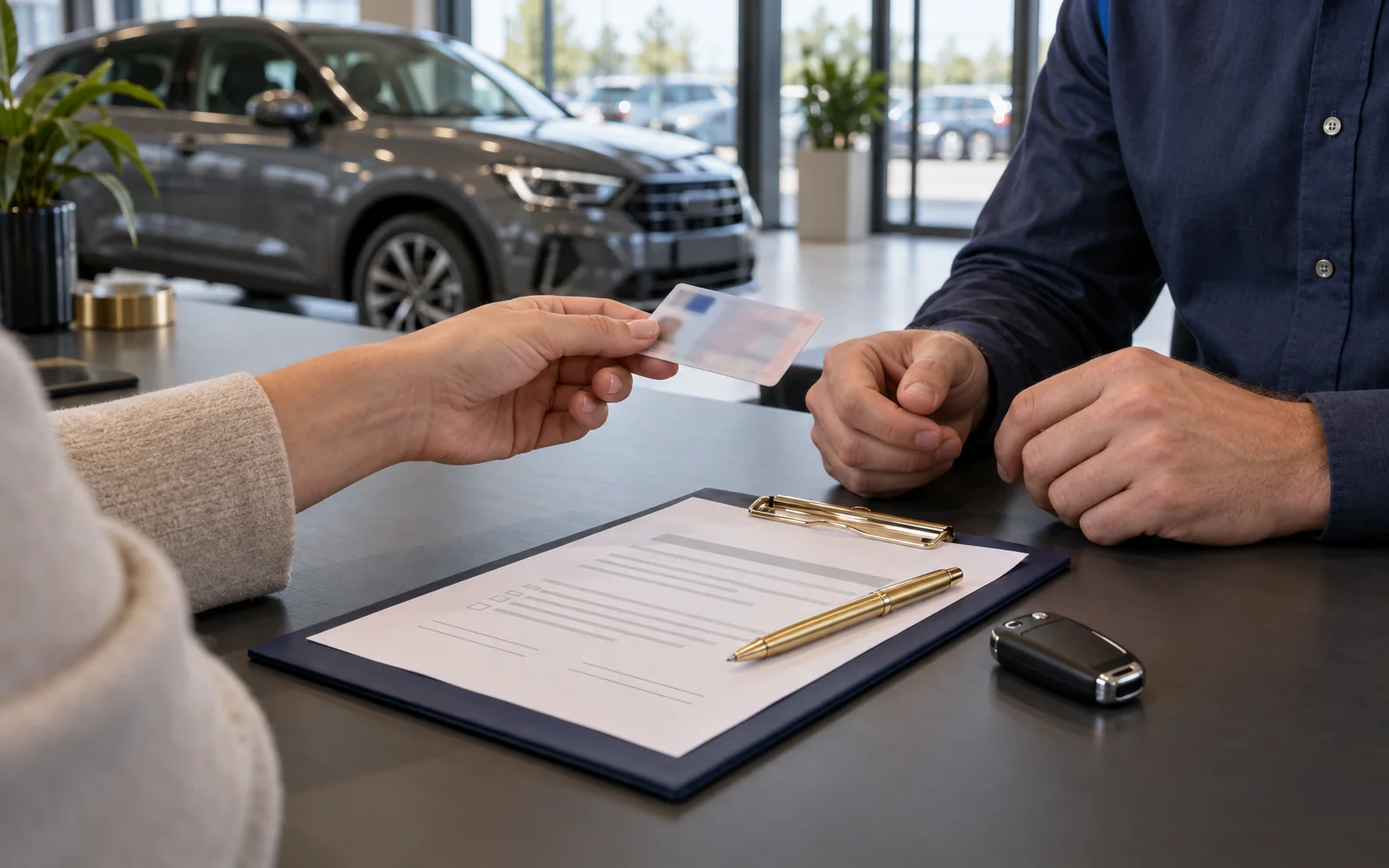 Klant geeft haar rijbewijs aan een verkoper in een showroom om te laten bekijken, naast een proefritformulier op een klembord en een autosleutel.